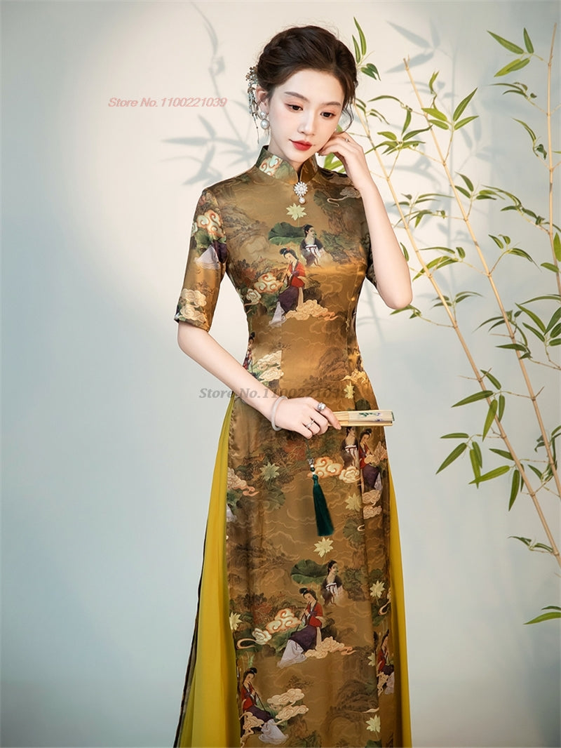 2024 vietnam traditional aodai dress chinese improved qipao national crane prin image 5