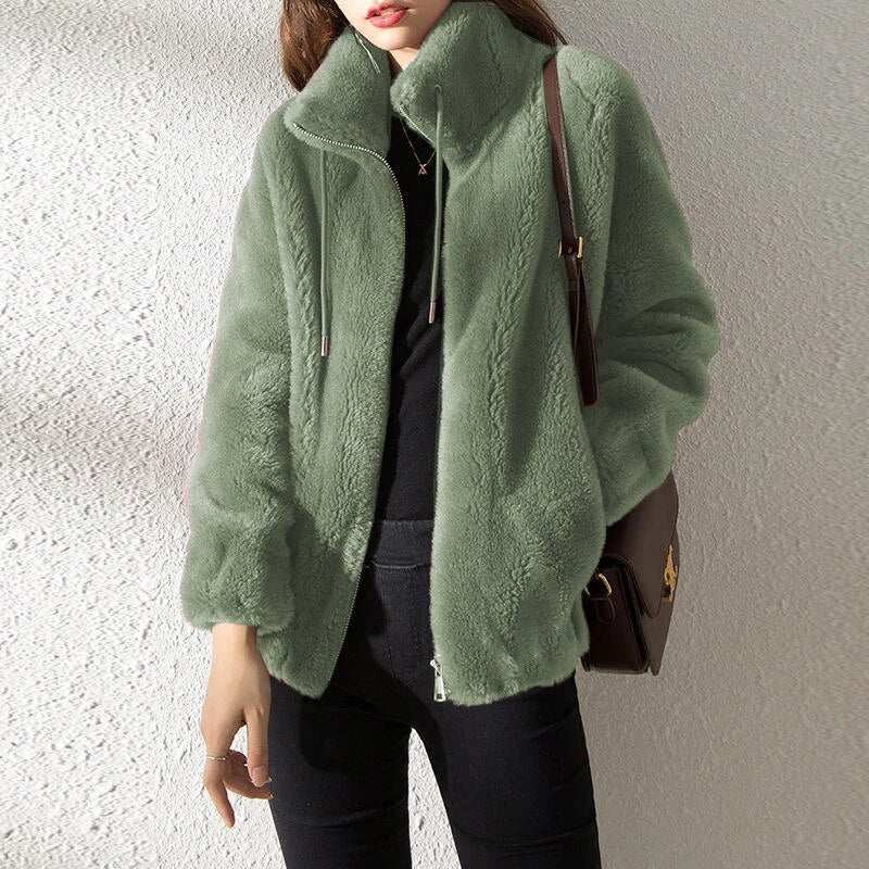 Female Winter Jacket Thickened Double-sided Velvet Stand-up Collar Warm Retro S image 1