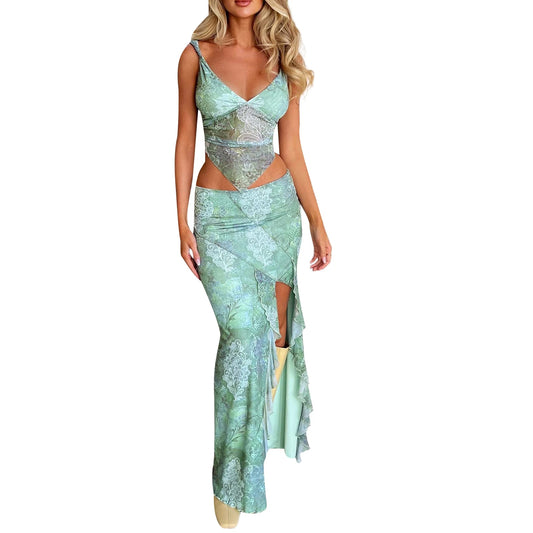 Y2K Women Summer Tube Top Long Skirt Set Slim Fit Sleeveless Floral Vest Split image 0