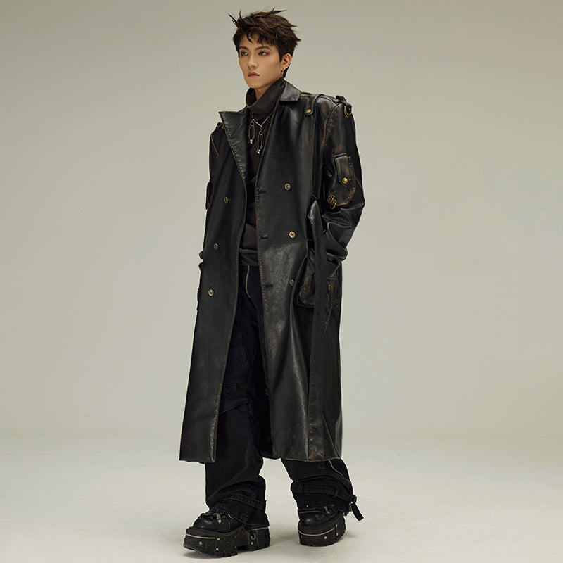 Mauroicardi Spring Autumn Long  Distressed Black Pu Leather Trench Coat Men Bel image 2