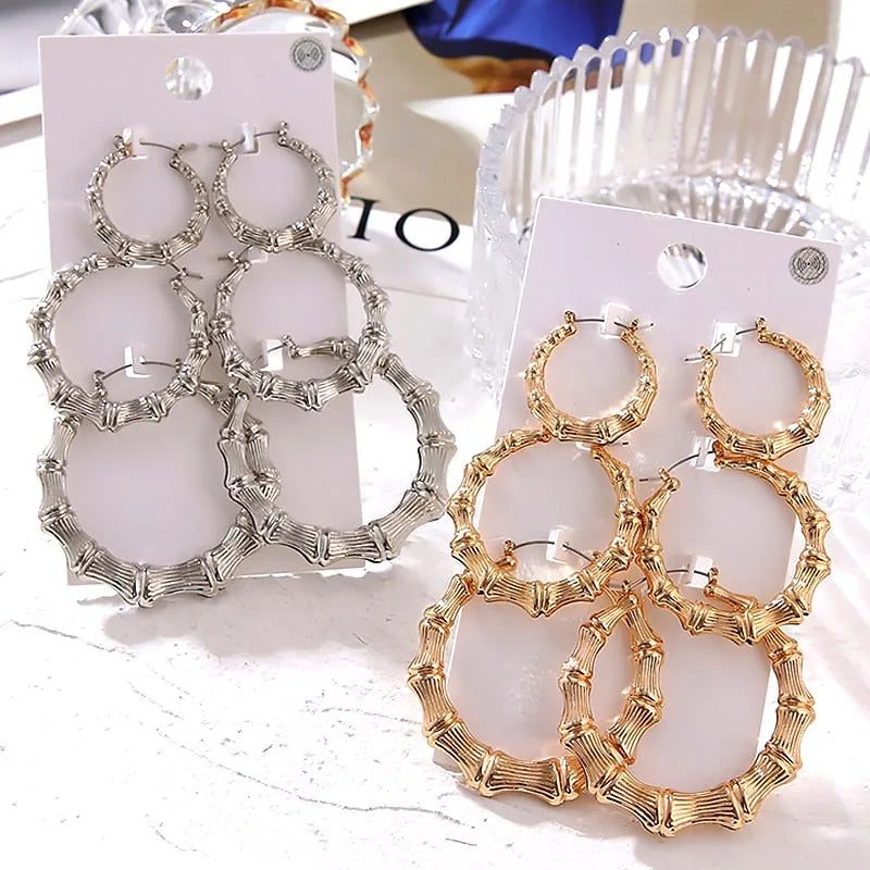 FNIO Statement Gold Color Big Bamboo Circle Hoop Earrings For Women Hip Hop Ear image 1