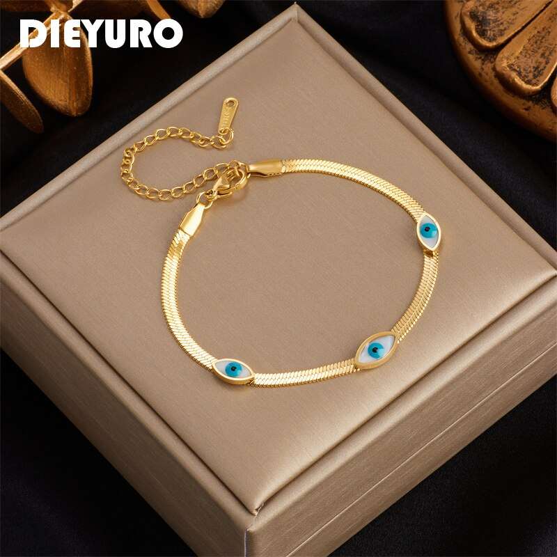 DIEYURO 316L Stainless Steel Blue Eye Charm Bracelet for Women Rustproof Gold C image 1