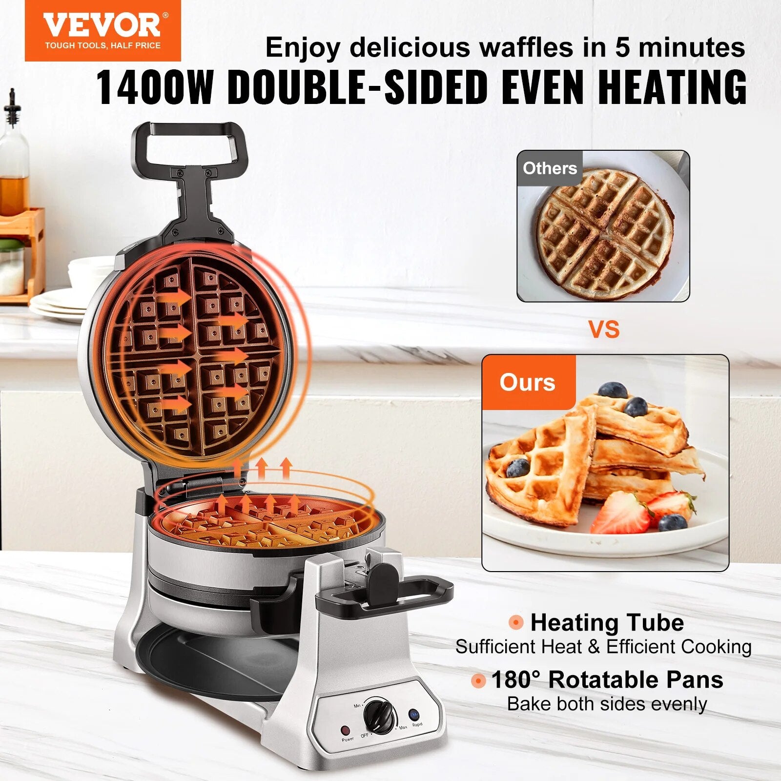 VEVOR 2-Layer Waffle Maker 1400W Round Waffle Iron Non-Stick Waffle Baker Machi image 1
