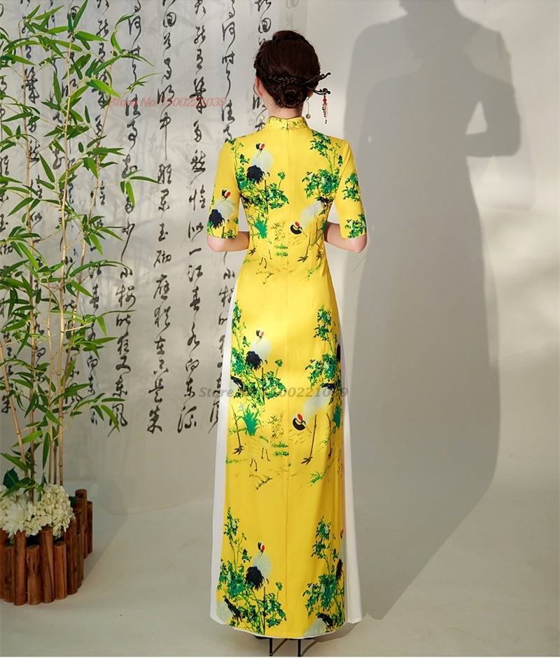 2024 vietnam aodai dress traditional chinese improved qipao national crane prin image 4