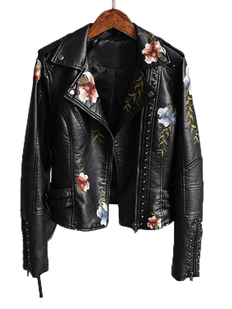 Ftlzz Women Floral Print Embroidery Faux Soft Leather Jacket Coat  Turn-down Co image 2
