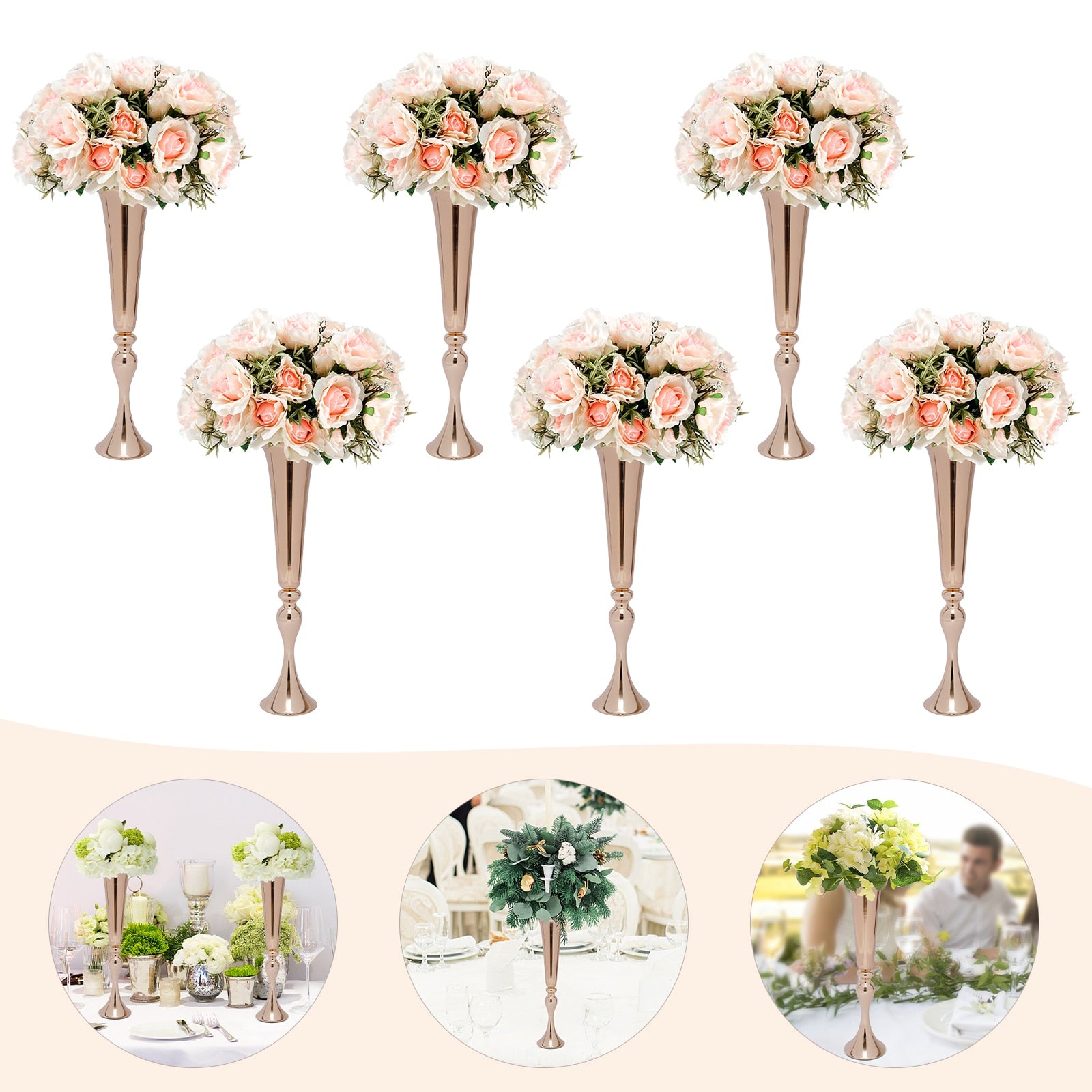 6Pcs Metal Trumpet Vases Desktop Metal Large and Tall Vases Flower Holder Gold image 0