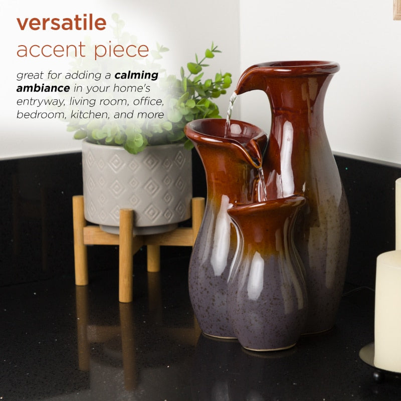 Indoor Tiered Glossy Ceramic Vase Tabletop Fountain, Brown/Gray image 3