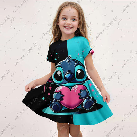 2024 Summer Girls Gift Short Sleeve Dress Original Cute Stitch 3d Print Kids Sk image 0