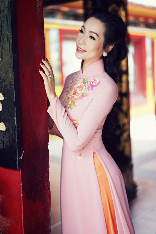 Pink Print Slit Women Aodai Vietnam Clothing Cheongsam Aodai Vietnam Dress Viet image 0