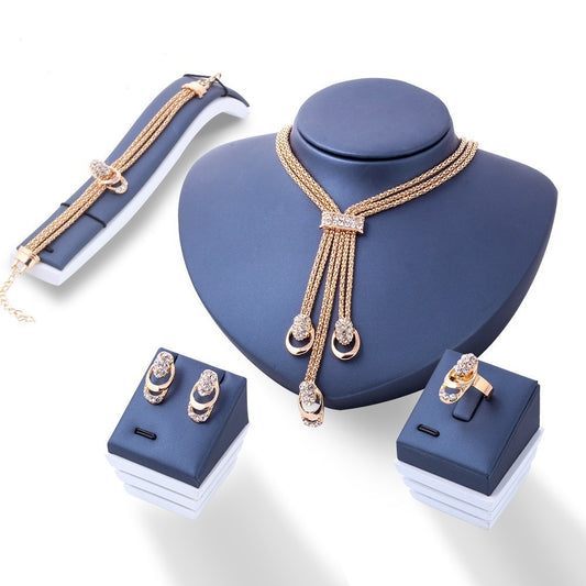 4Pcs Jewelry Set Rings Necklace Earrings Bracelet High Performance Golden Jewel image 0