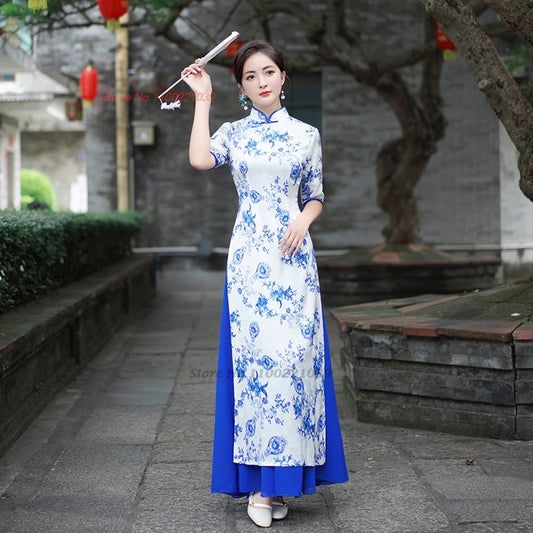 2024 vietnam aodai dress improved cheongsam qipao dress national flower print q image 0