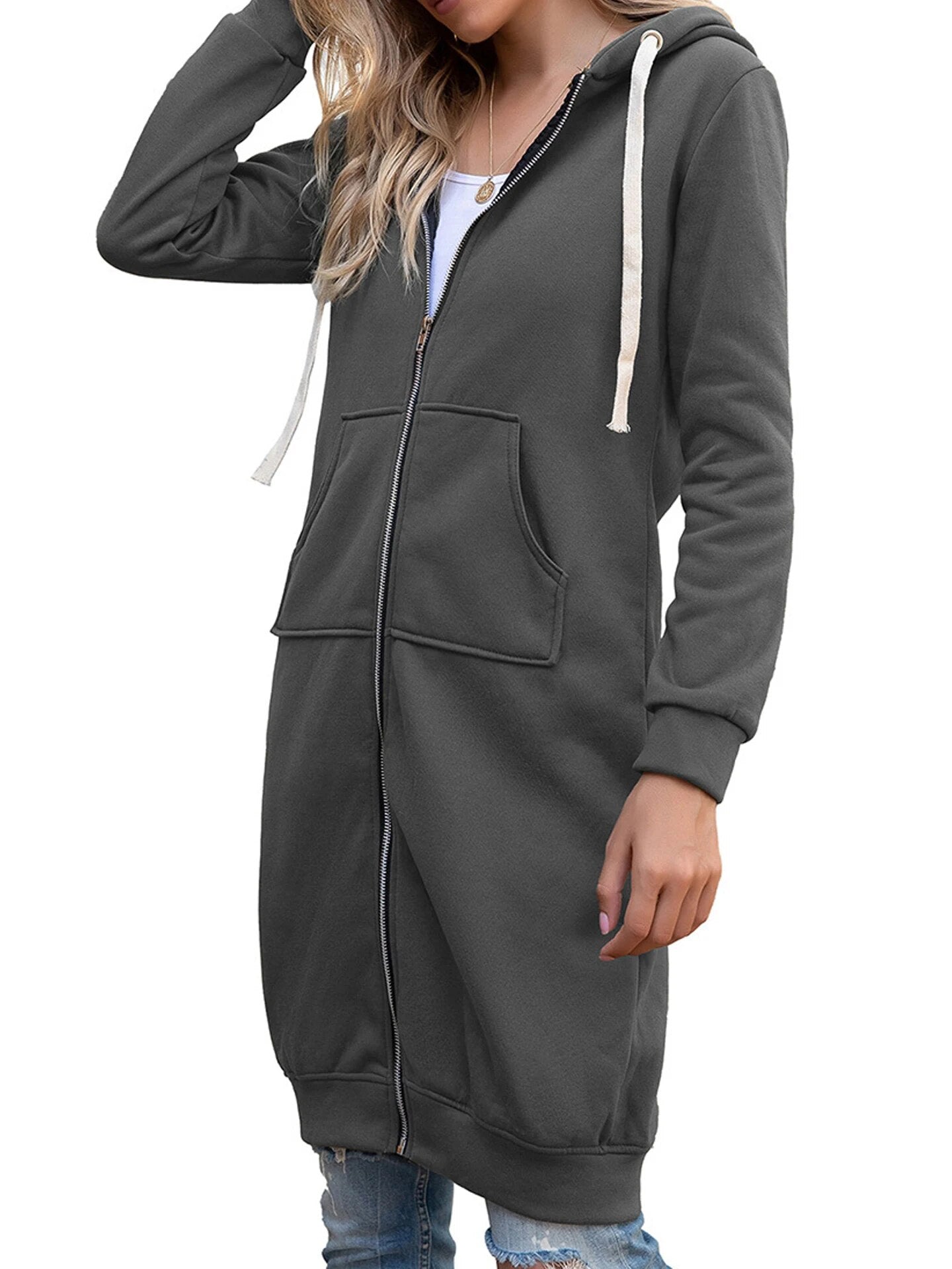 Once 2023 Casual Women Long Hoodies Sweatshirt Coat Zip Up Outer Wears Hooded J image 1