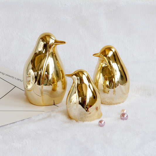 Gold Ceramic Penguin Fake Animal Statue - Funny Sculpture Ornaments Décor - Ind image 0