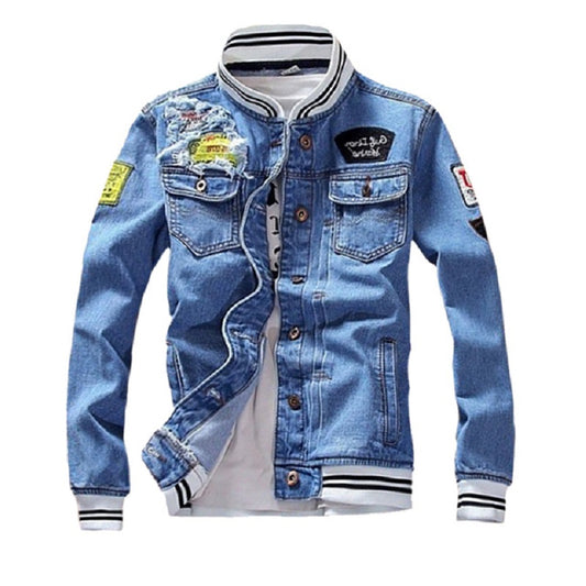 Mens Denim Jacket 2023 New Spring Casual Slim Fit Stand Collar Pilot Zipper Jac image 0