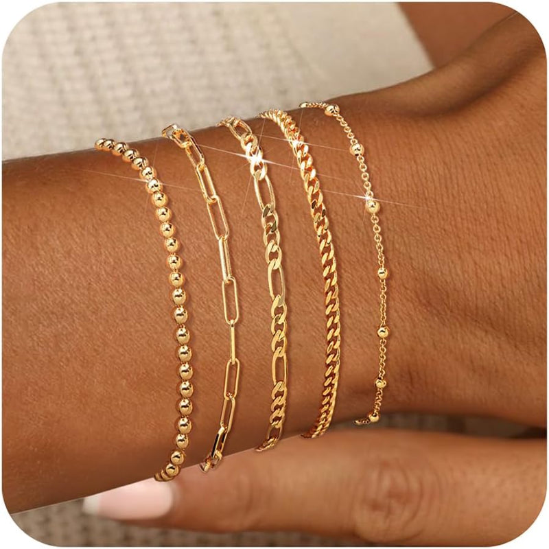 14K Gold Plated Stainless Steel Bracelet Set Waterproof Paperclip Chain Cuban L image 1