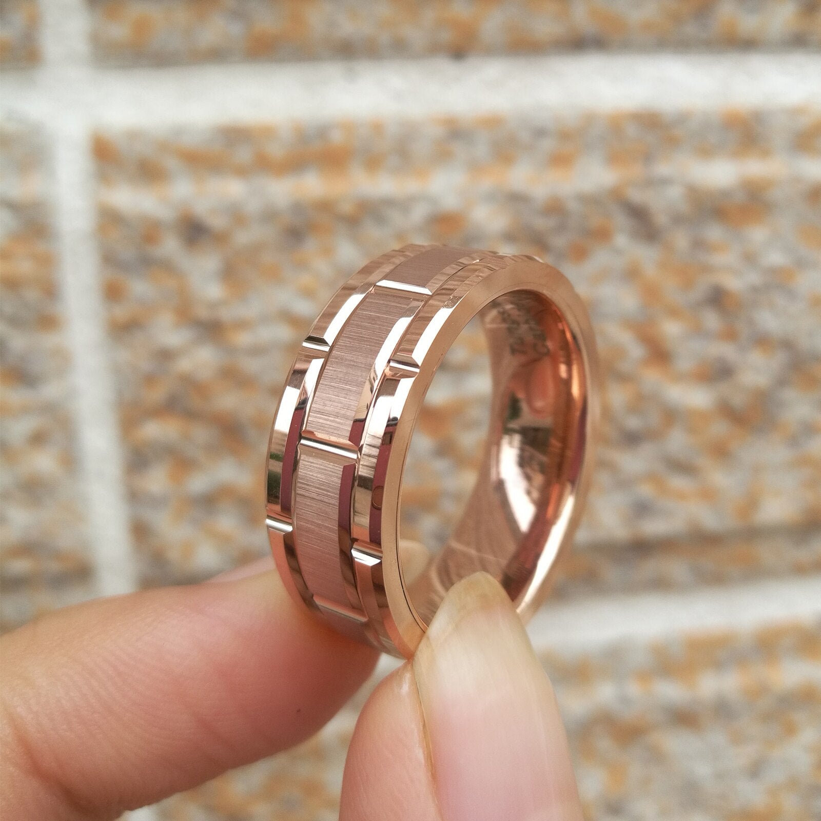 Newshe Men's Tungsten Carbide Ring 8mm Rose Gold Color Brick Pattern image 4