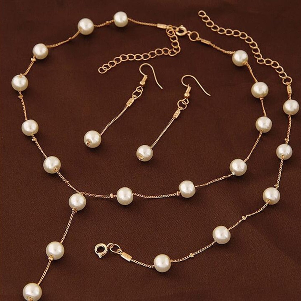 4pcs Gold-color Necklace Earring Bracelet Set Ladies Elegant Imitation-Pearls C image 1