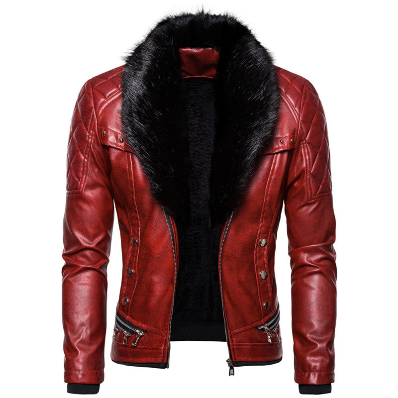 New Winter Fleece Motorcycle Leather Jacket Men Turn Down Fur Collar Slim Fit W image 1