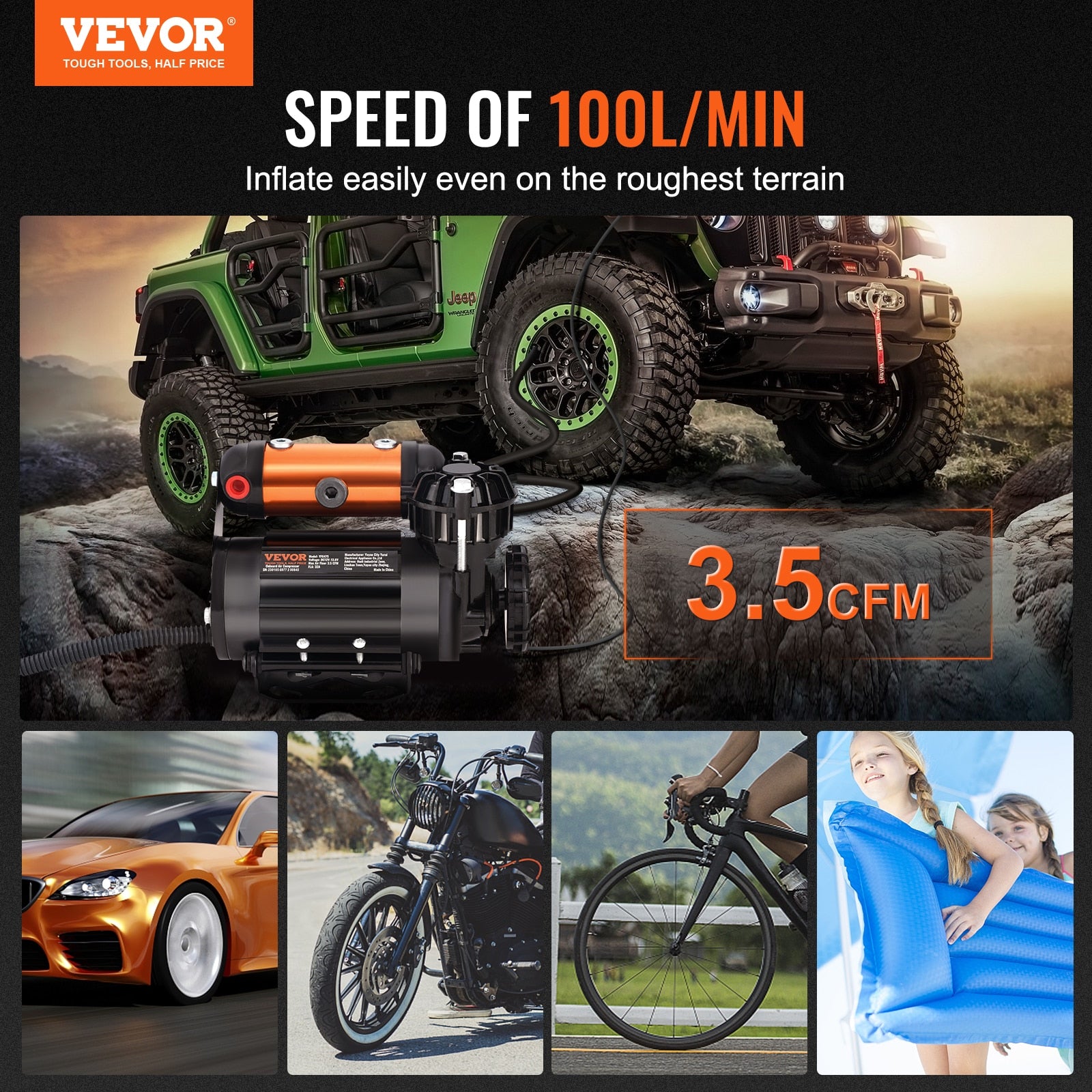 VEVOR Car Air Compressor Portable Tire Inflator Heavy Duty 3.5CFM Air Pump Kit image 3