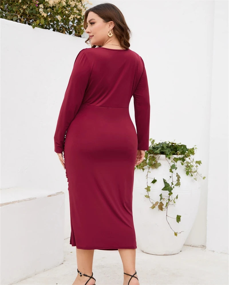 4XL 5XL Long Sleeve Solid Color V-neck Wrap Hip Skirt Slit Europe Cute Slimming image 9