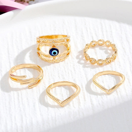 5Pcs/Set Vintage Gold Color Evil Eye Rings Set For Women Bohemain Wave Hollow C image 0
