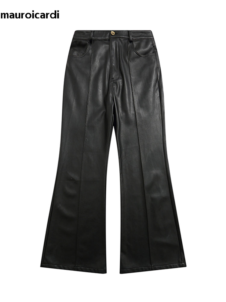 Mauroicardi Spring Autumn Cool Long Black Soft Pu Leather Flare Pants for Men H image 5