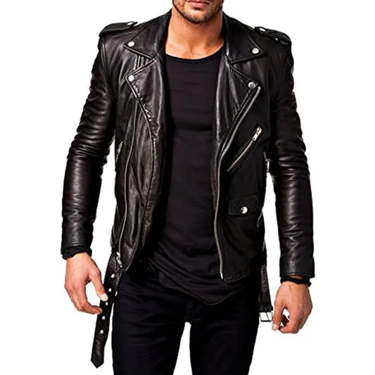 Men Leather Jacket -imitation Lambskin Winter Vintage Motorcycle Biker Jacket,  image 0