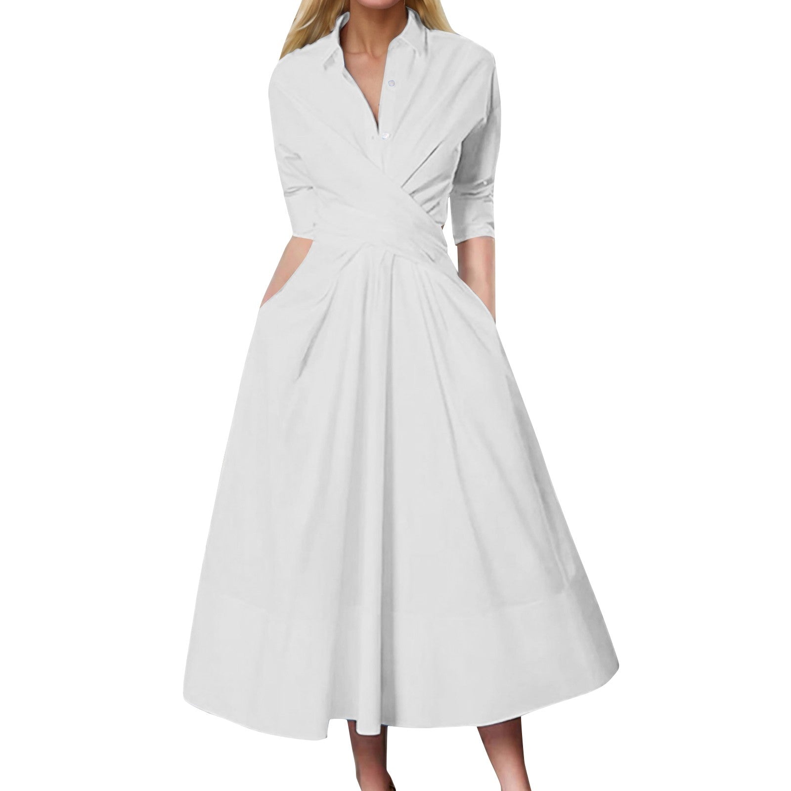 2024 Summer White Shirt Dresses for Women Cross Button Long Sleeve Casual Long  image 1