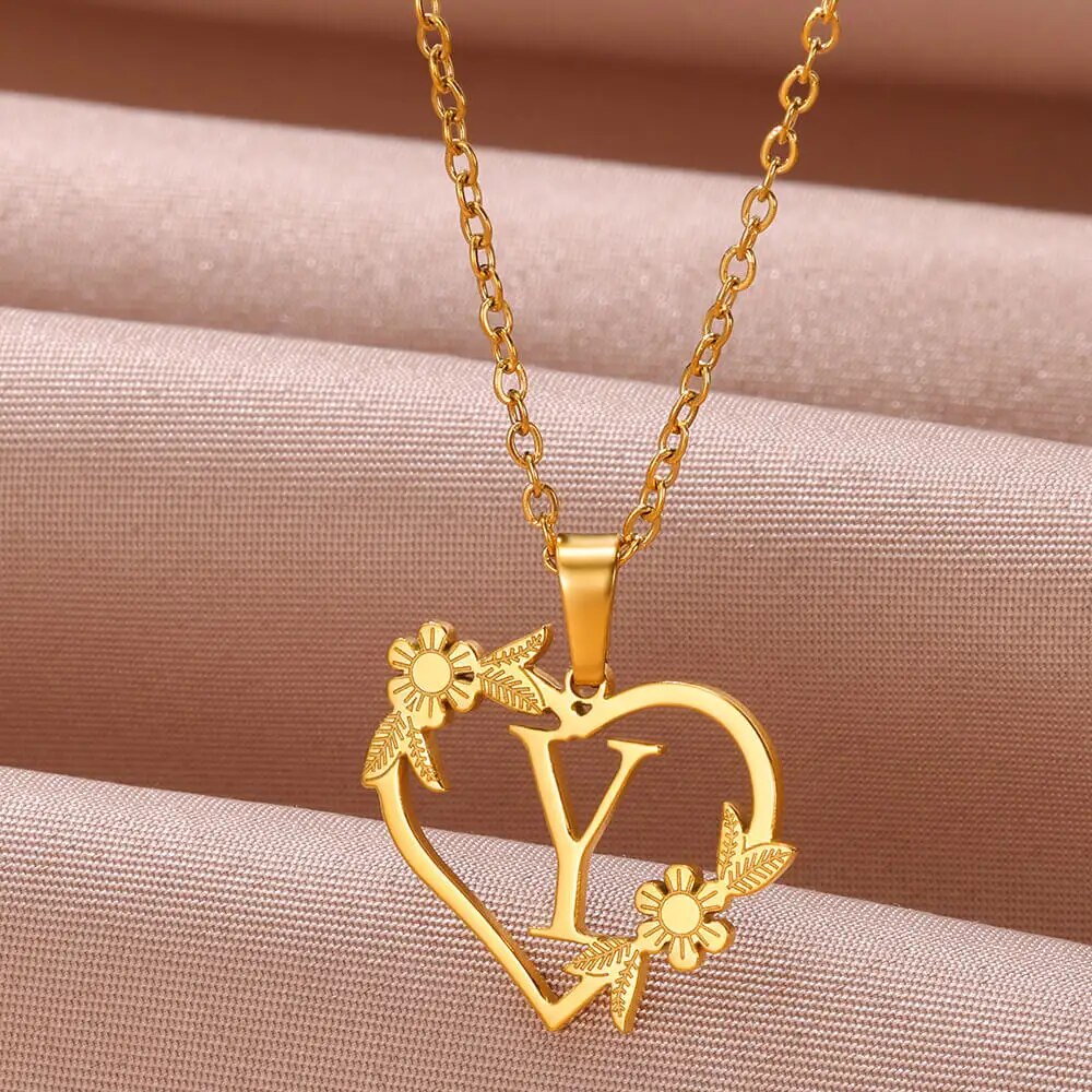 Gold Color Dainty Flower Initials Necklace Women Girl Stainless Steel Heart Let image 24
