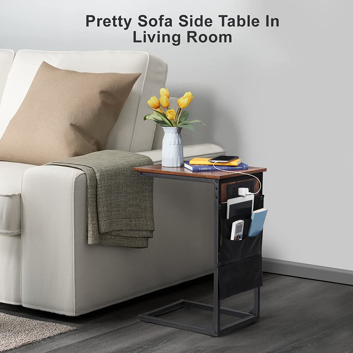 Set of 2 C-shaped Side Table with USB Ports and Outlets Couch Tables for Bedroo image 4