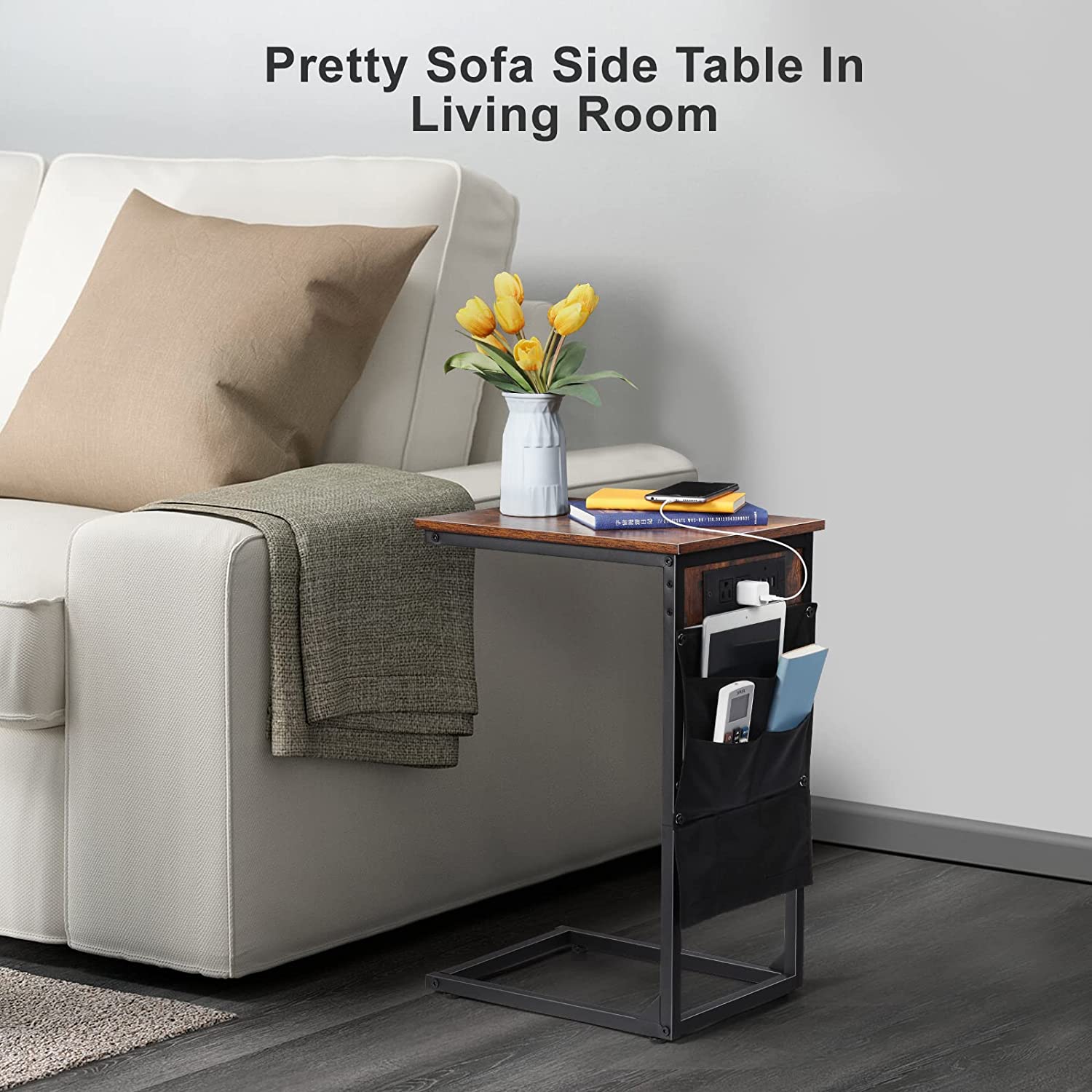 Set of 2 C-shaped Side Table with USB Ports and Outlets Couch Tables for Bedroo image 4