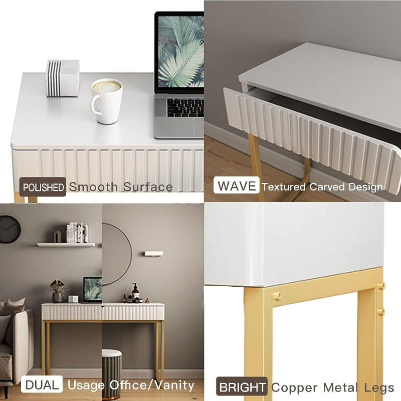 White Vanity Desk with 2 Drawers, Gold and White Desk,Home Office Desk Modern M image 4