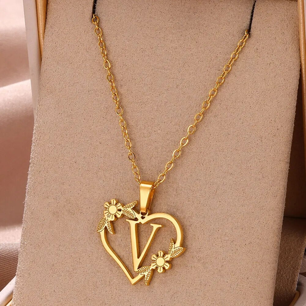 Gold Color Dainty Flower Initials Necklace Women Girl Stainless Steel Heart Let image 21