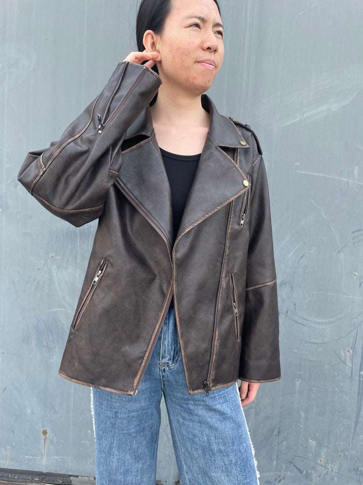 RR2478 Streetwear Worn Effect Bike Leather Jackets For Women Oversized Boyfrien image 2