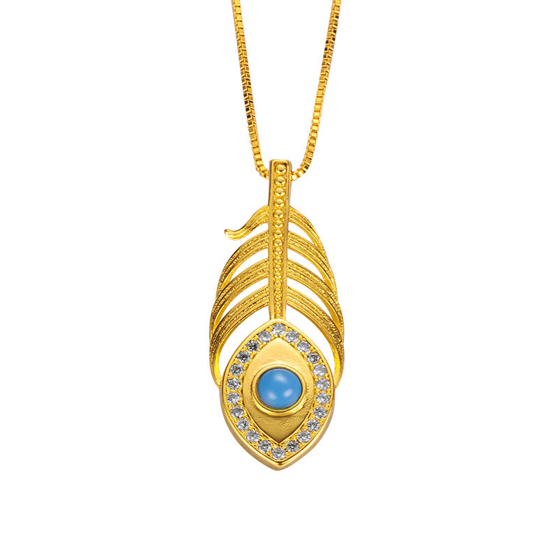 Elegant Real 14 K Gold Color Turquoise Feather Shape Necklace Chain for Women V image 4