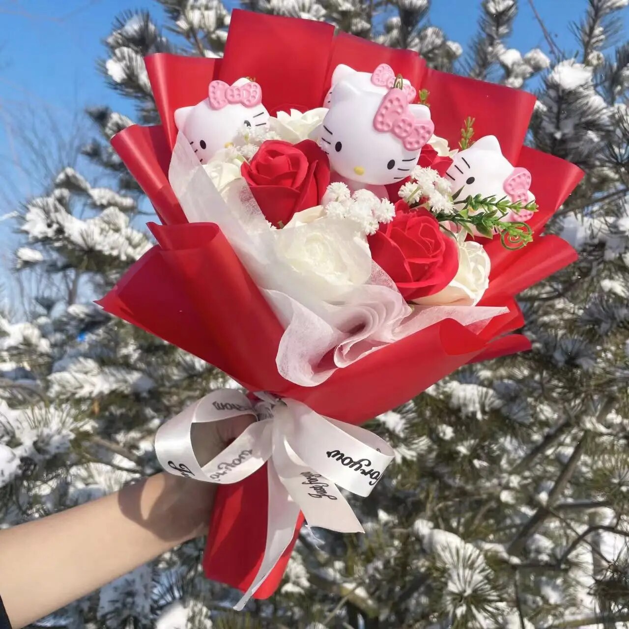Kawaii Hello Kitty Cat Plush Dolls  Rose Soap Flowers Bouquet Christmas Valenti image 1