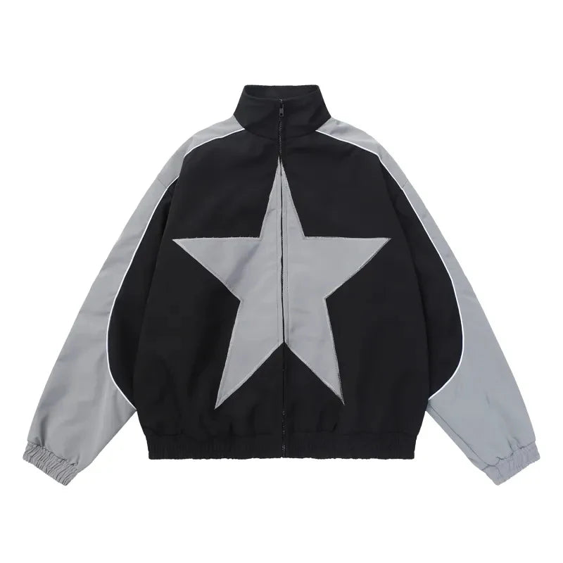 Retro Bomber Jacket Men Women Five-pointed Star Patchwork High Street Varsity C image 1