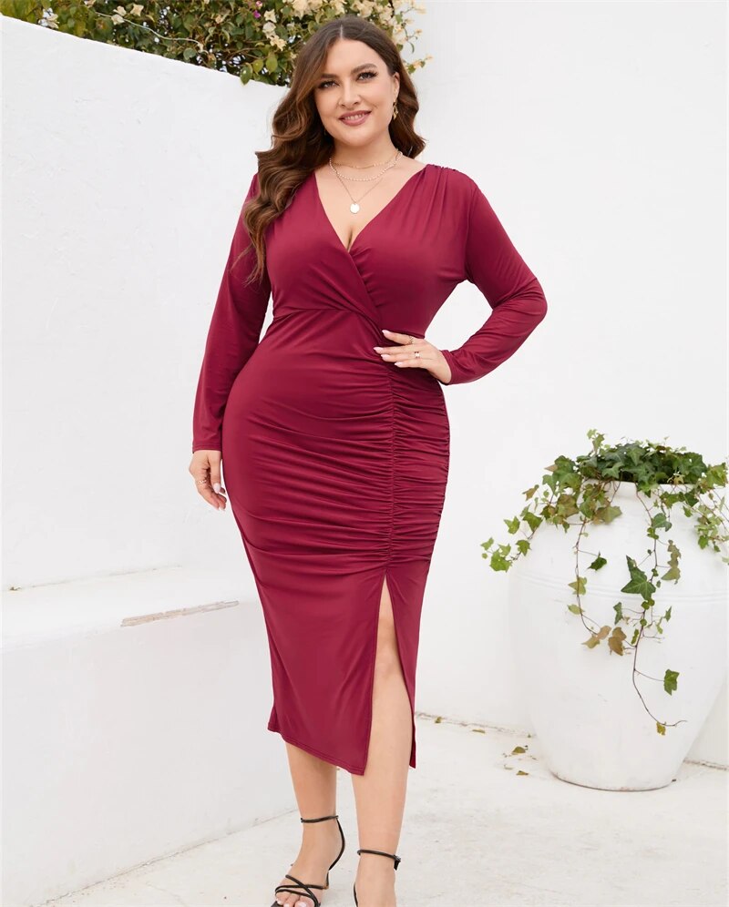 4XL 5XL Long Sleeve Solid Color V-neck Wrap Hip Skirt Slit Europe Cute Slimming image 7