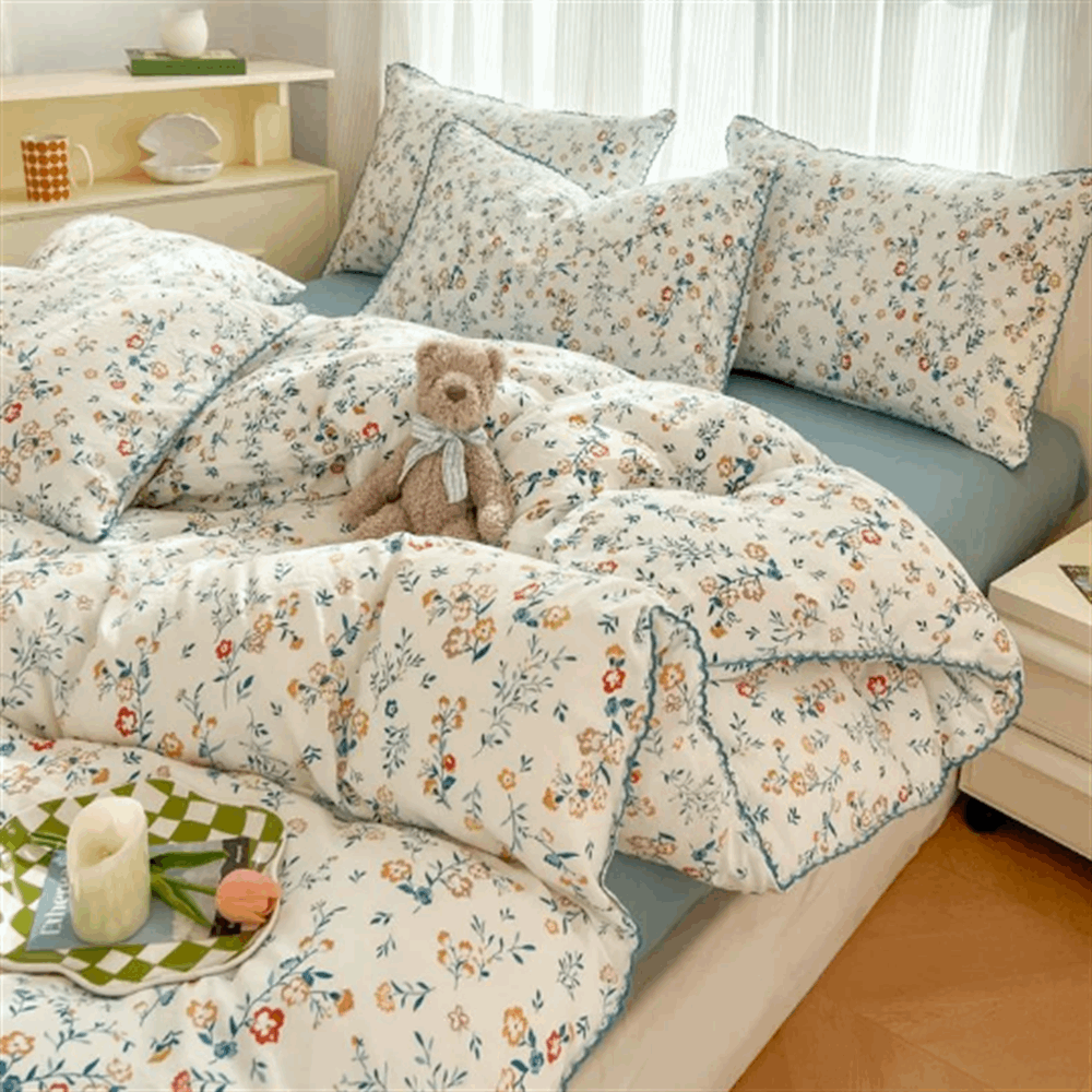 Korean Style Bedding Set Fresh Botanical Kids Adults Leaves Flower Washed Cotto image 1