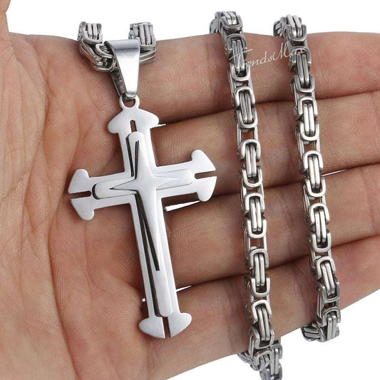 Men's Cross Necklace Gold Color Black Cross Pendant Stainless Steel Byzantine C image 0
