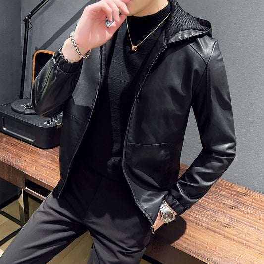 Autumn Men's Vintage Hooded PU Leather Jacket Fashion Motorcycle Windproof Outw image 0