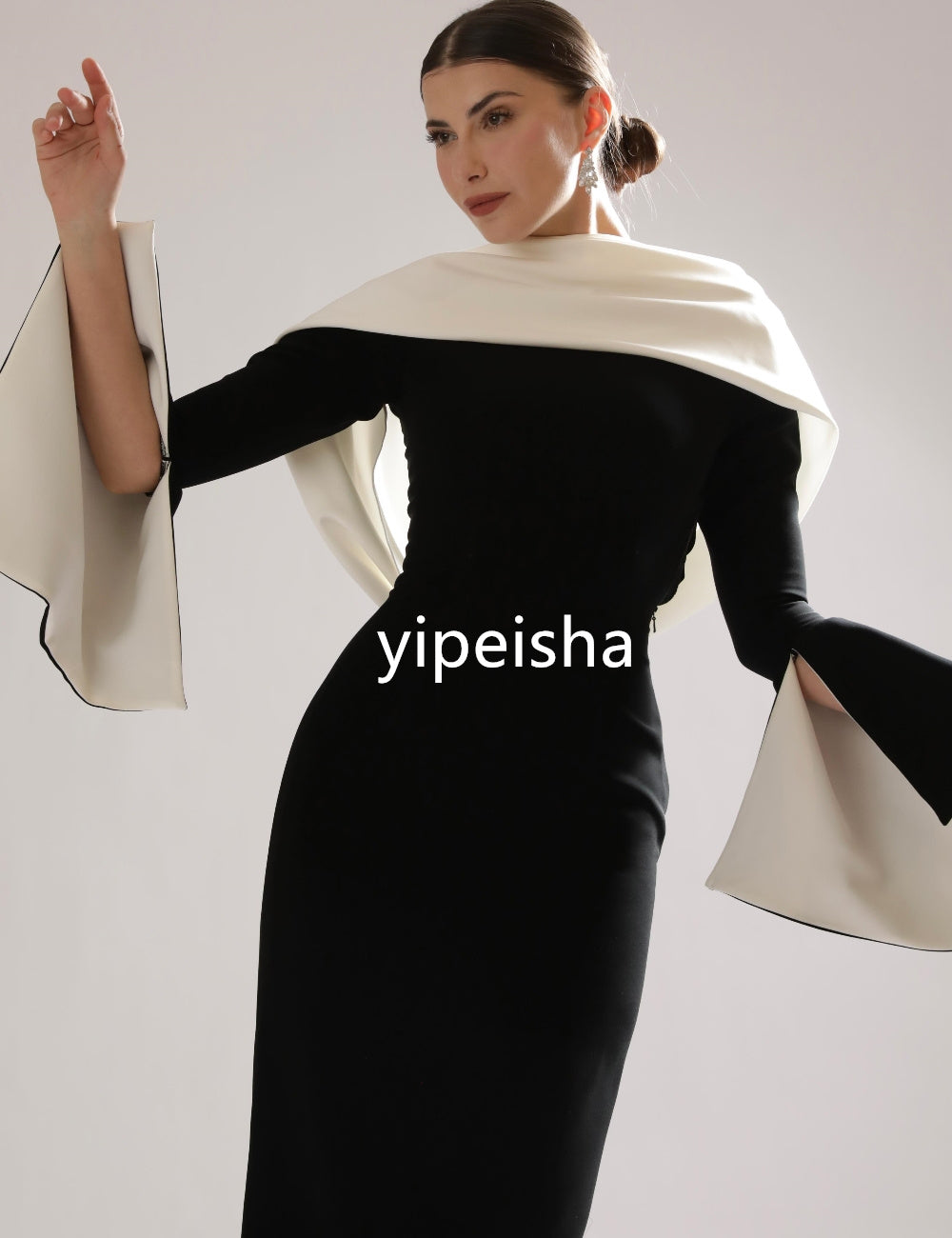 Matching Jersey Pleat Straight Boat Neck Long Dresses Homecoming  Retro Fashion image 1