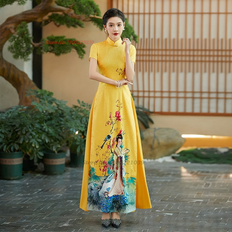 2024 vietnamese aodai improved cheongsam dress qipao national flower print qipa image 1