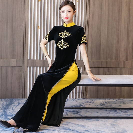 2024 woman aodai vietnam traditional vietnam velvet dress+pants set flower embr image 0
