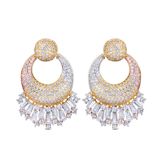 CWWZircons Nigerian Wedding 3 Tone Gold Plated Big Drop Earrings Shiny CZ Micro image 0