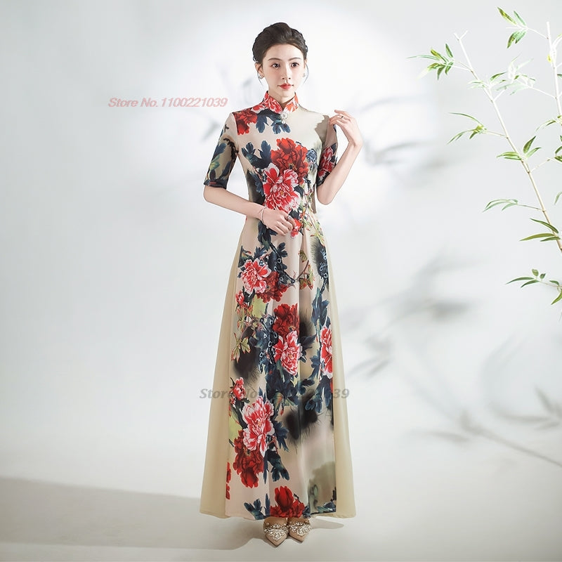 2024 chinese improved qipao dress vintage flower print cheongsam vietnam ao dai image 3