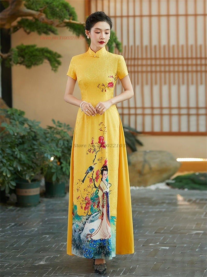 2024 vietnamese aodai improved cheongsam dress qipao national flower print qipa image 4