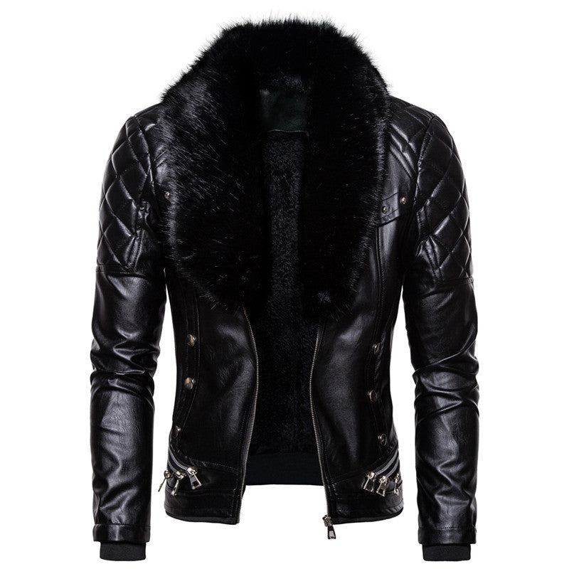 New Winter Fleece Motorcycle Leather Jacket Men Turn Down Fur Collar Slim Fit W image 3