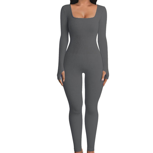Women's One-Piece Ribbed Square Collar Yoga Sports Jumpsuit Solid Color Long Sl image 0