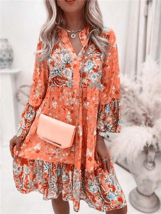Women Floral Print Dress 2023 Summer Solid Casual V Neck Ruffles Boho Casual Dr image 0